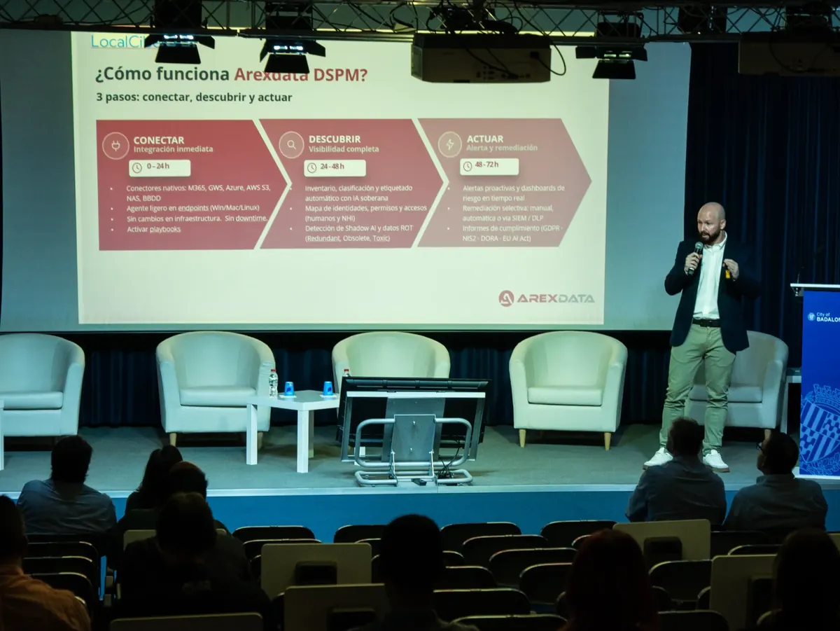 Diapositiva «¿Cómo funciona Arexdata DSPM?» durante la ponencia en LocalCiber 2026