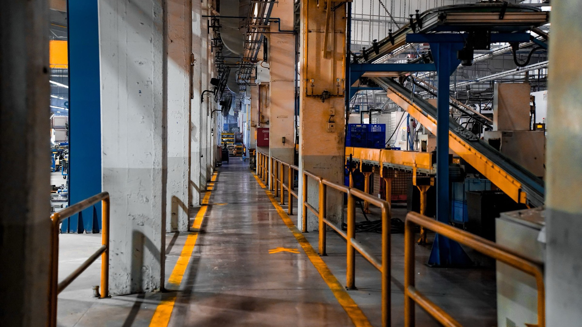 Interior de una nave industrial con maquinaria de producción y pasillos señalizados